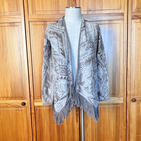 Lucky Brand XS Fringe Southwestern Long Cardigan Neutral Minimalist Boho Casual - Picture 3 of 9